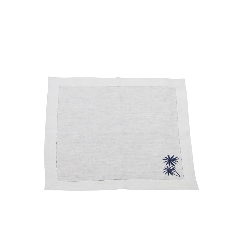 GUARDANAPO BRANCO COM COQUEIRO BORDADO AZUL DE LINHO COM 2