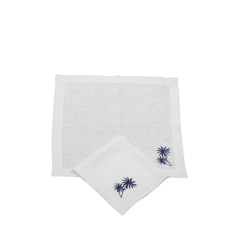 GUARDANAPO BRANCO COM COQUEIRO BORDADO AZUL DE LINHO COM 2