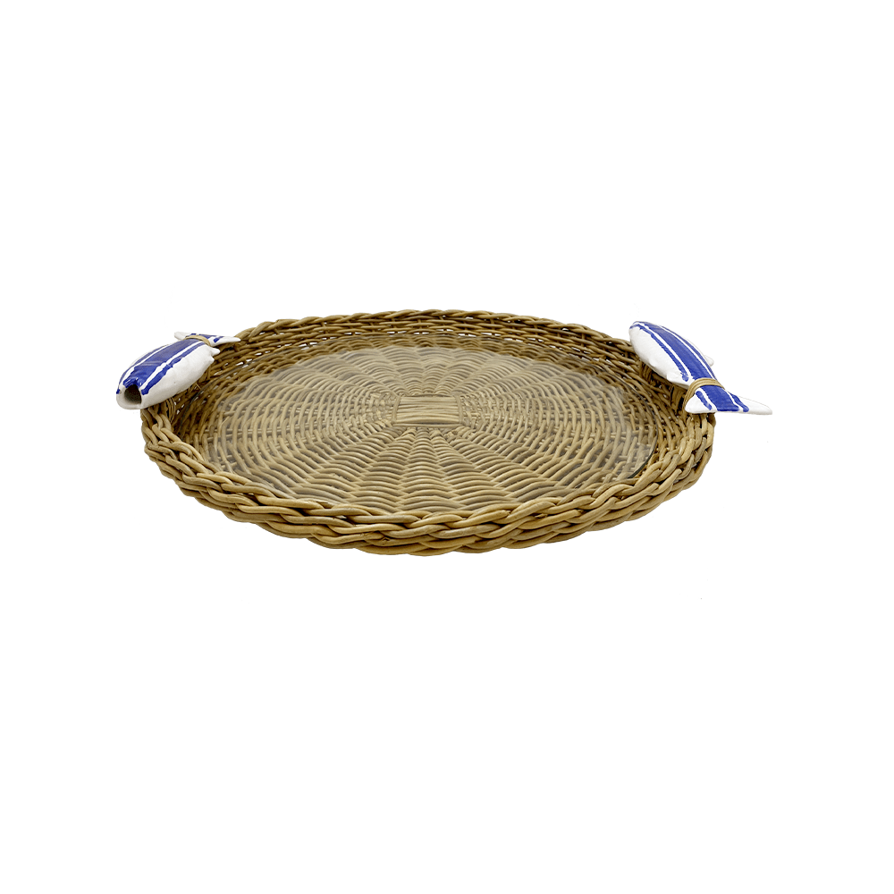 BANDEJA PARA BAR ALÇA SARDINHA REDONDA DE RATTAN 43CM