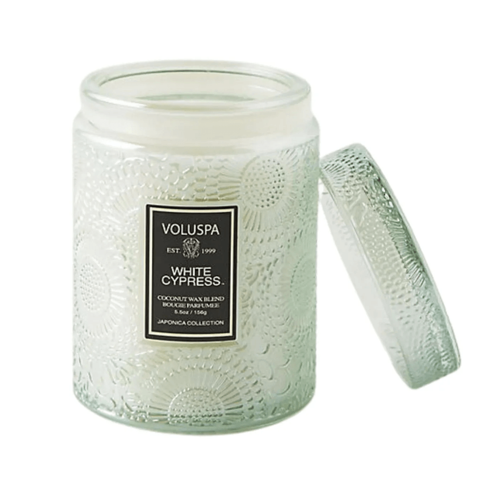 MINI VELA POTE DE VIDRO 50H RELEVO WHITE CYPRESS VOLUSPA