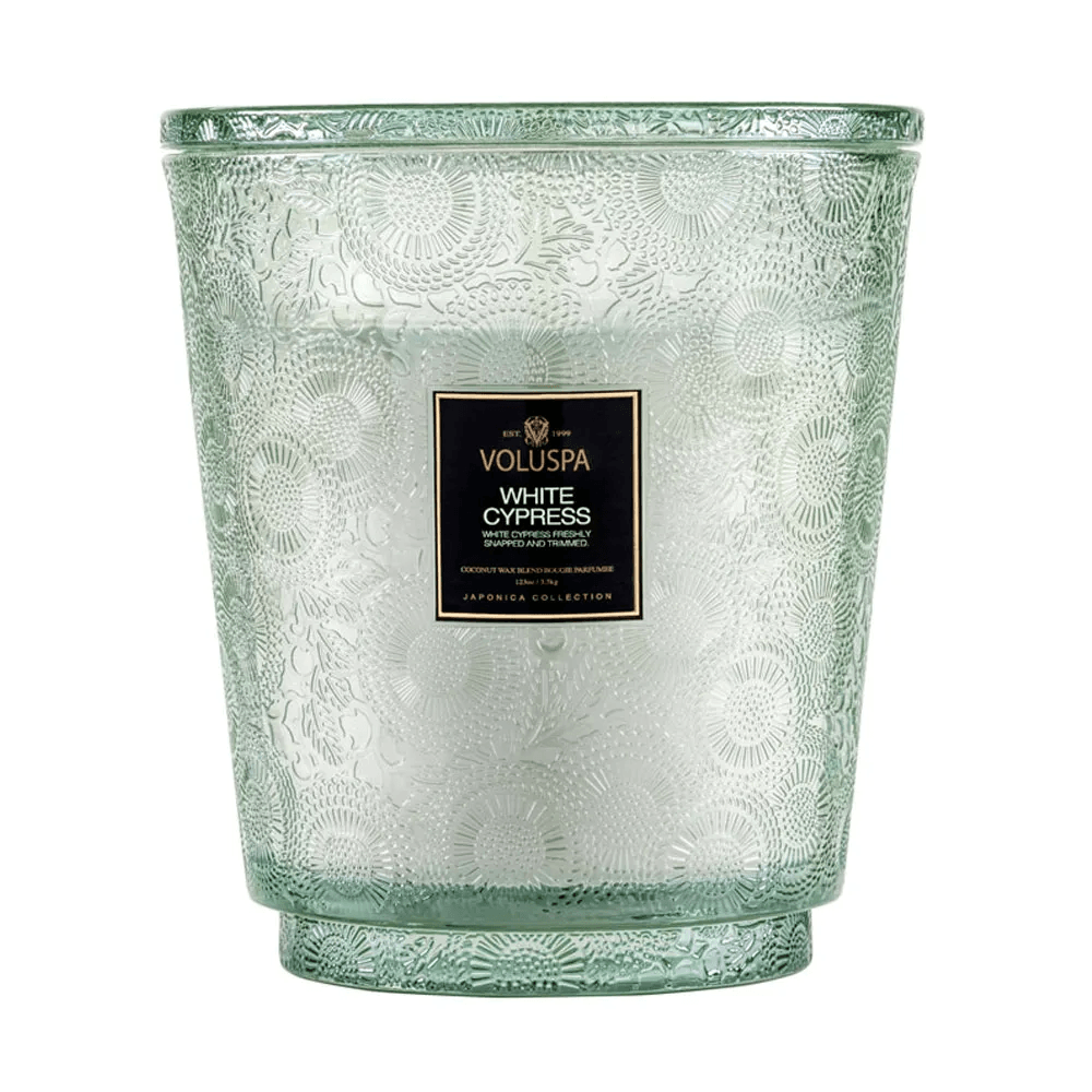 VELA POTE DE VIDRO 3 PAVIOS 80H WHITE CYPRESS VOLUSPA