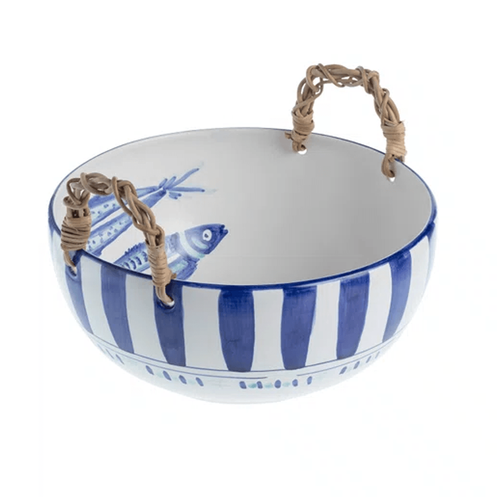 SALADEIRA FUNDA DE CERÂMICA COM ALÇA DE JUNCO 20CM.