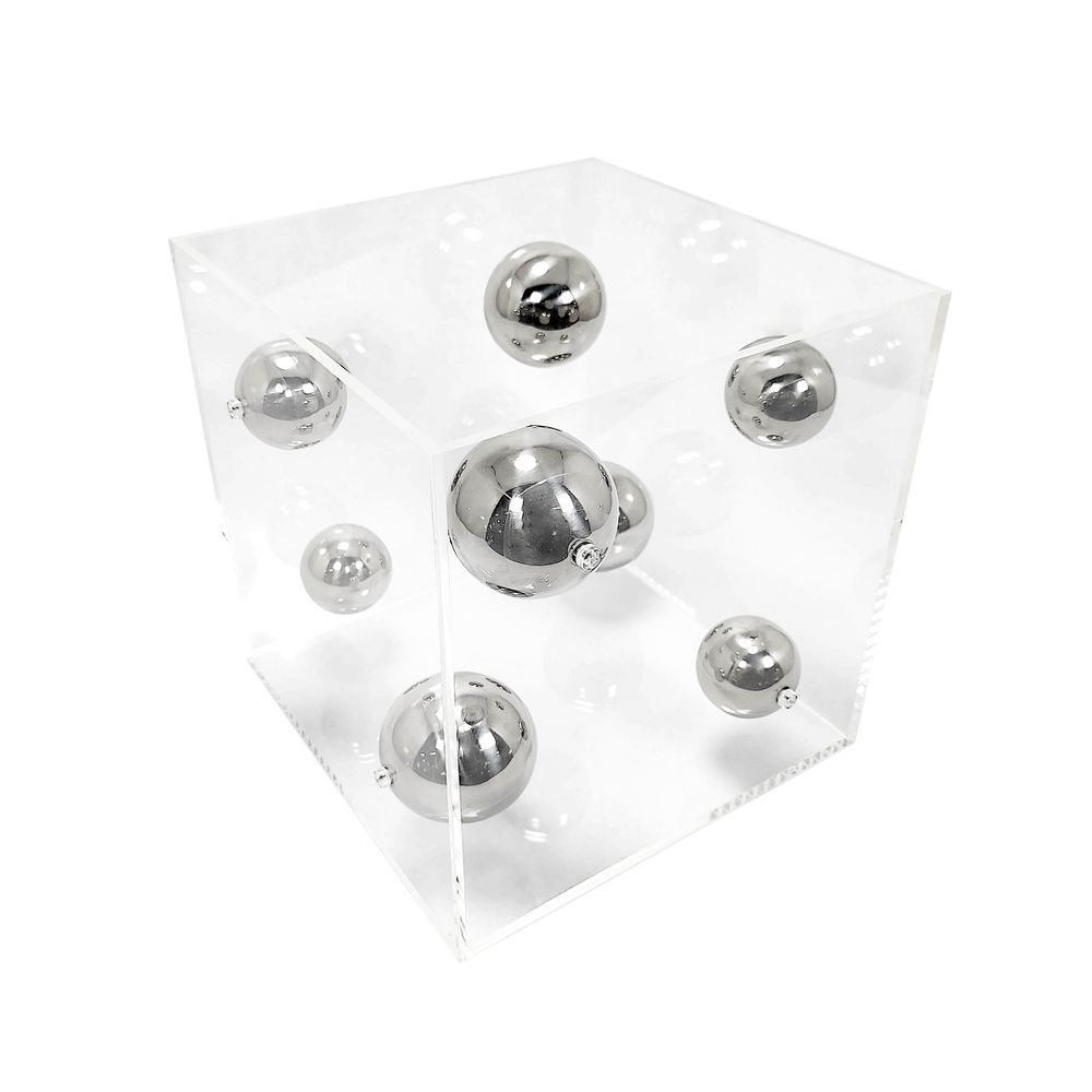 CUBO DE ACRÍLICO COM ESFERAS PRATA 19X18CM