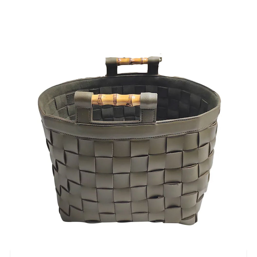 CESTO SINTONIA II DE COURO COM ALÇA DE BAMBU 32X26X29CM