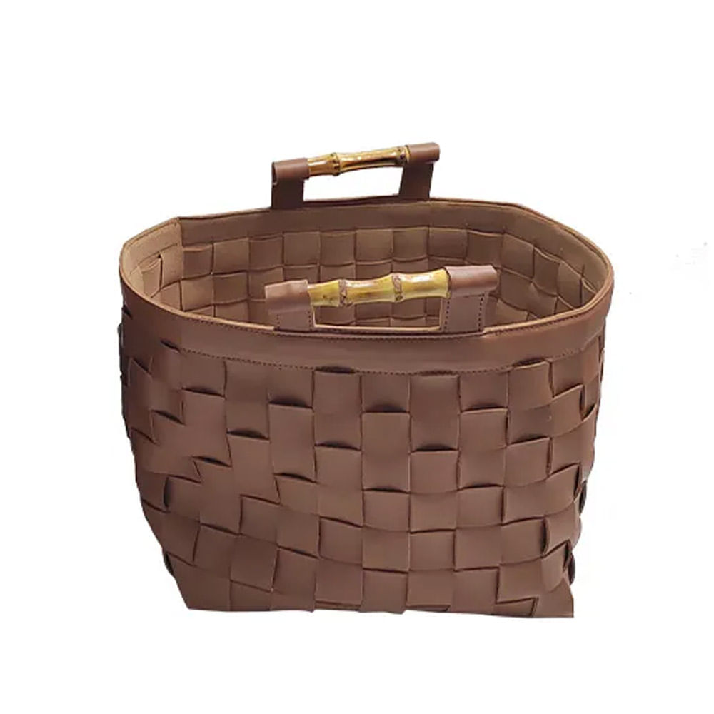 CESTO SINTONIA DE COURO COM ALÇA DE BAMBU 29X23X25CM