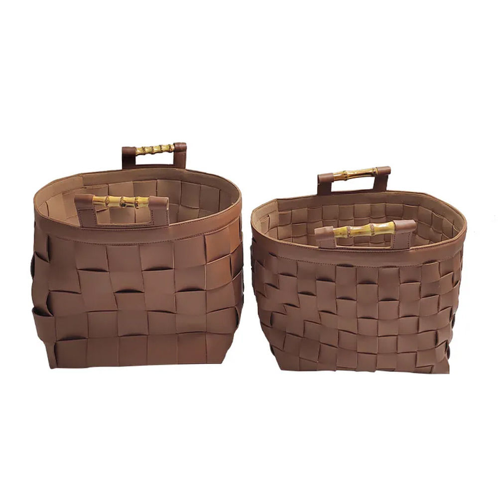 CESTO SINTONIA DE COURO COM ALÇA DE BAMBU 29X23X25CM